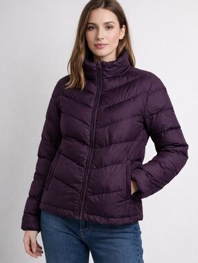 Eddie Bauer Goose Down Puffer Coat Womans Large Purple Spring Jacket Pockets